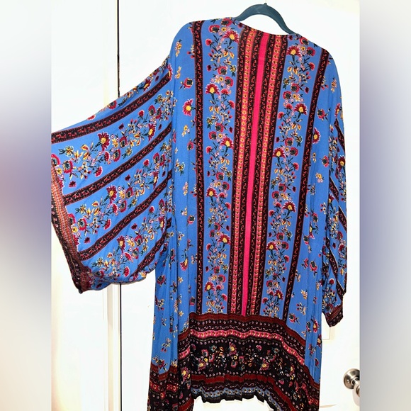 Angie Vintage Bohemian Multicolor Floral Blue Kimono Coverup Cardigan Flowy Top - Picture 4 of 14